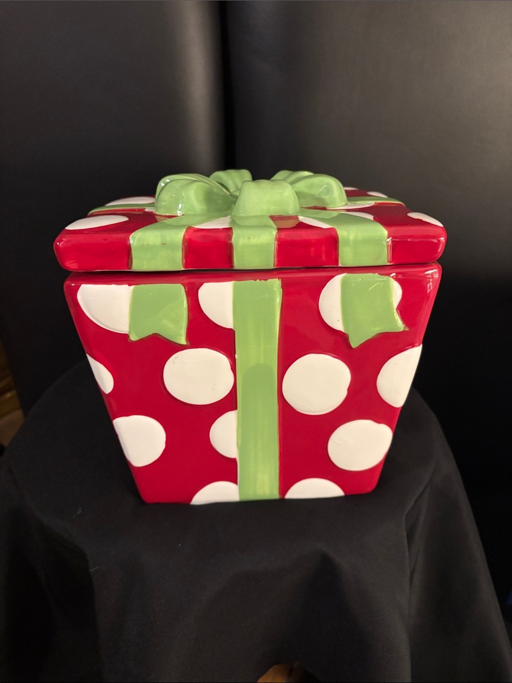 Holiday Red Polka Dot Gift Canister with Green Bow - Holiday Decor